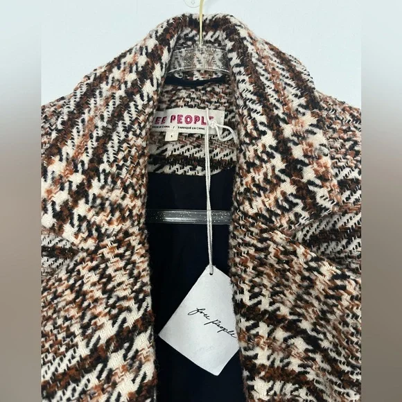 NEW Free People Adore You Plaid Jacket Wool Trench Pea Coat in brown - Picture 5 of 7